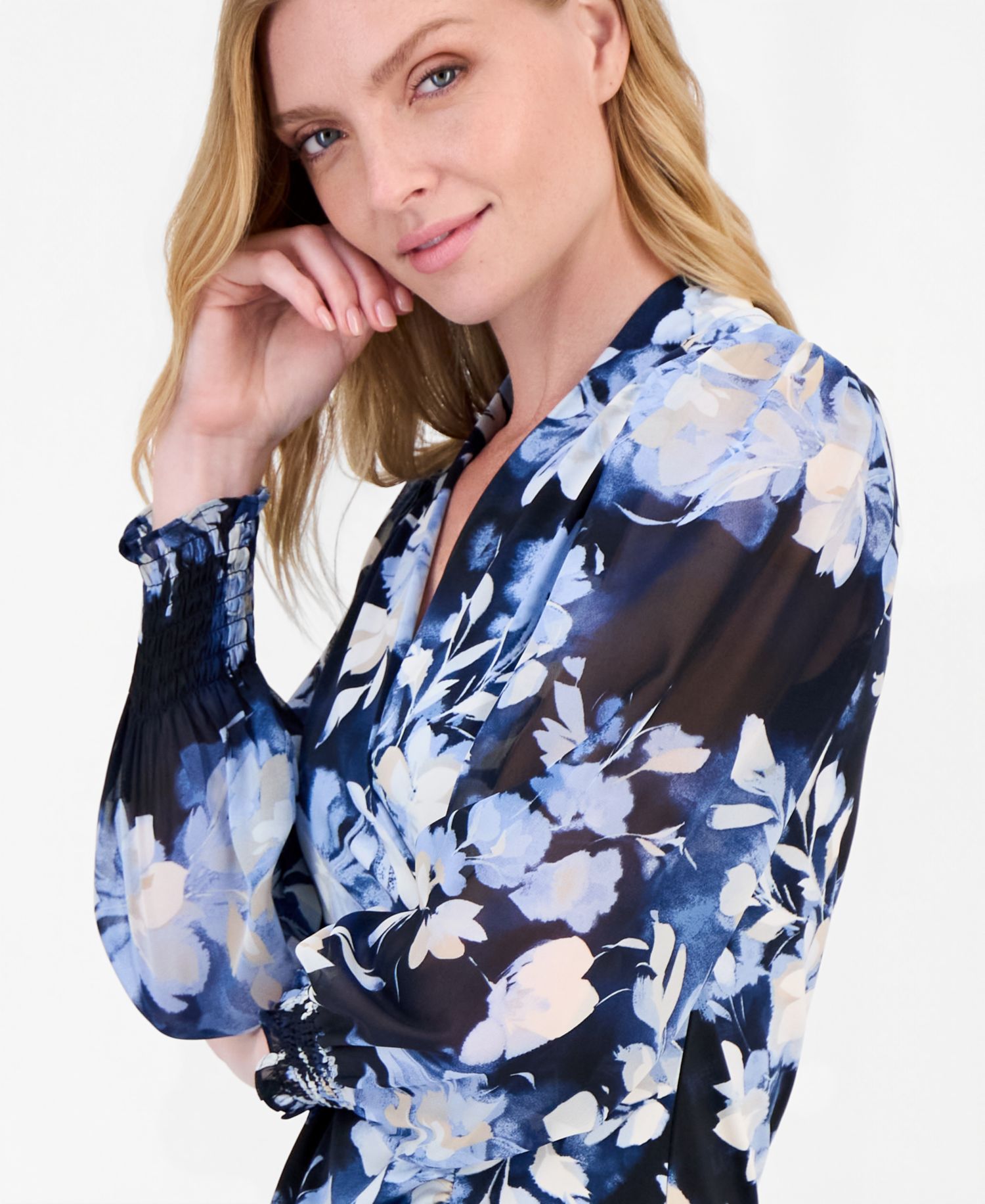 Women's Faux-Wrap Smocked-Cuff Top