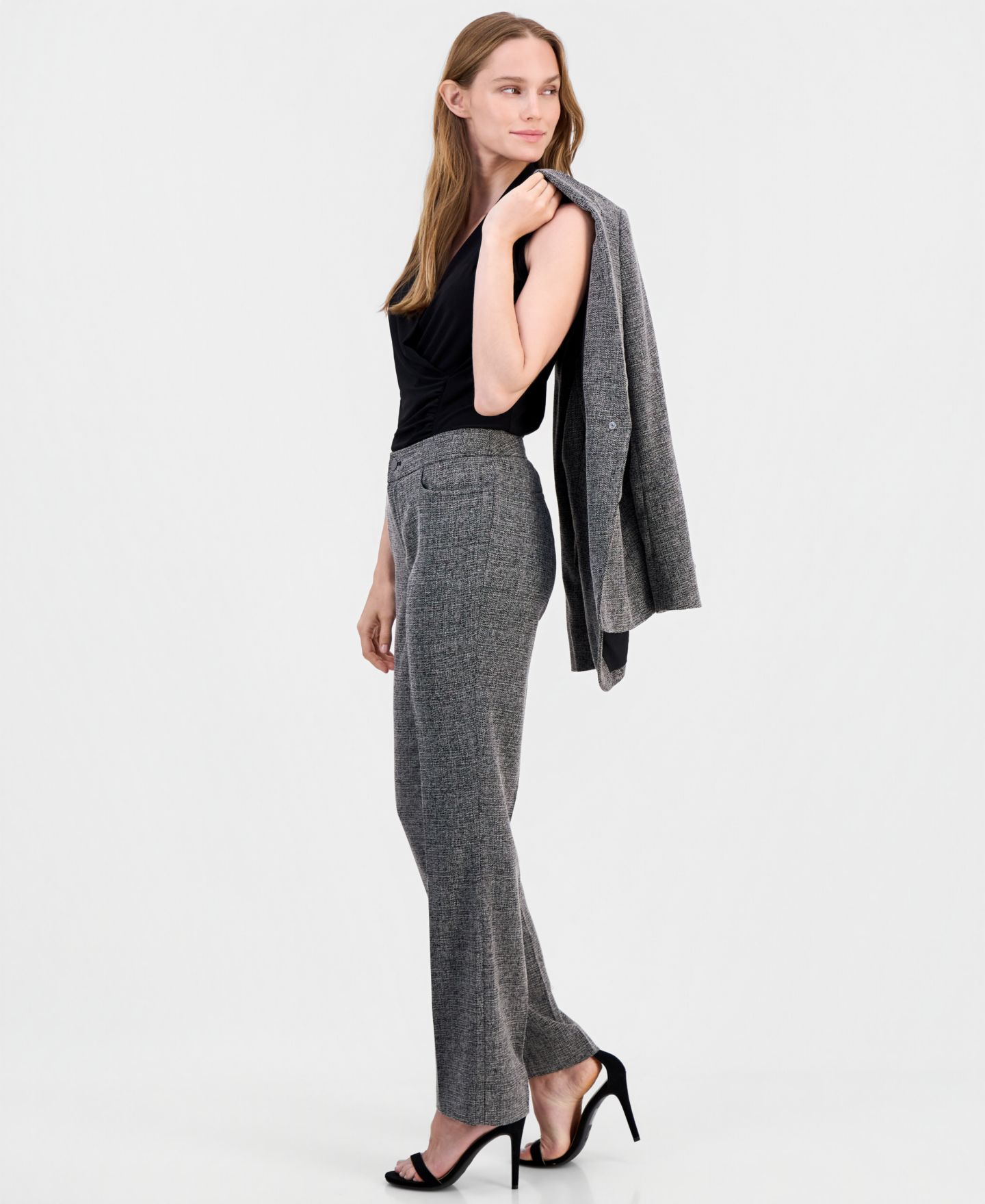Женские брюки Anne Klein Mid Rise Fly-Front Bootcut, цвет: Чёрный / Белый — фото 3