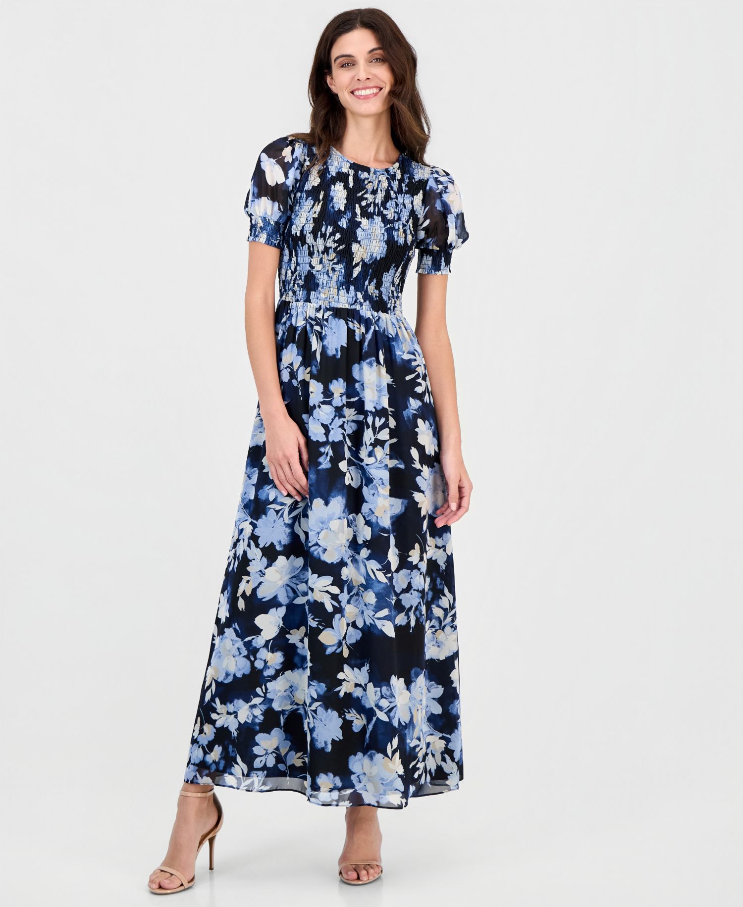 Women's Printed Puff-Sleeve Smocked Maxi Dress