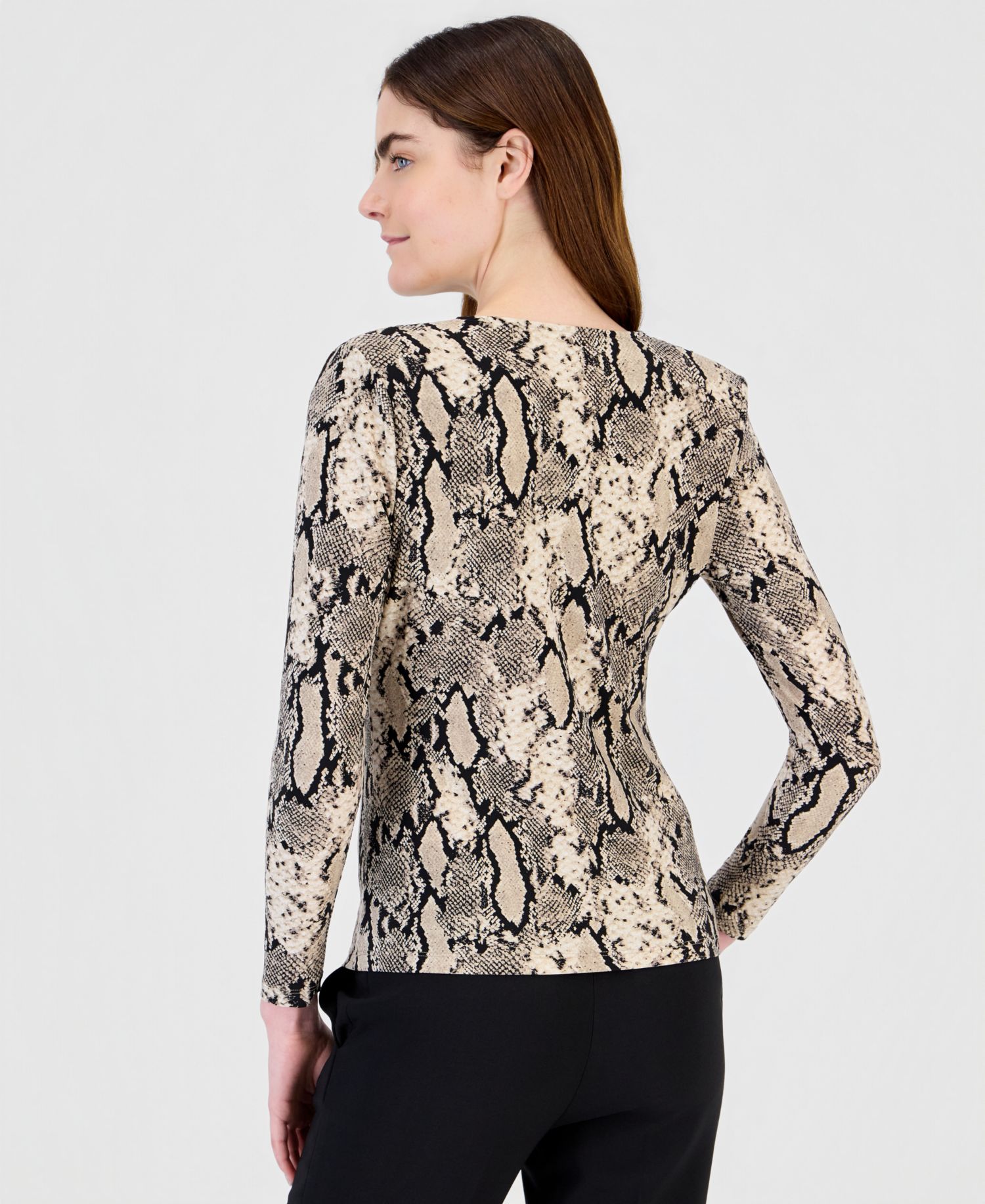 Women's Cowl Neck Long Sleeve Snake-Print Blouse