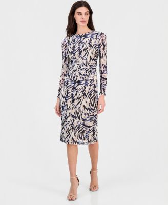 Women's Printed Shirred-Waist Long-Sleeve Midi Dress