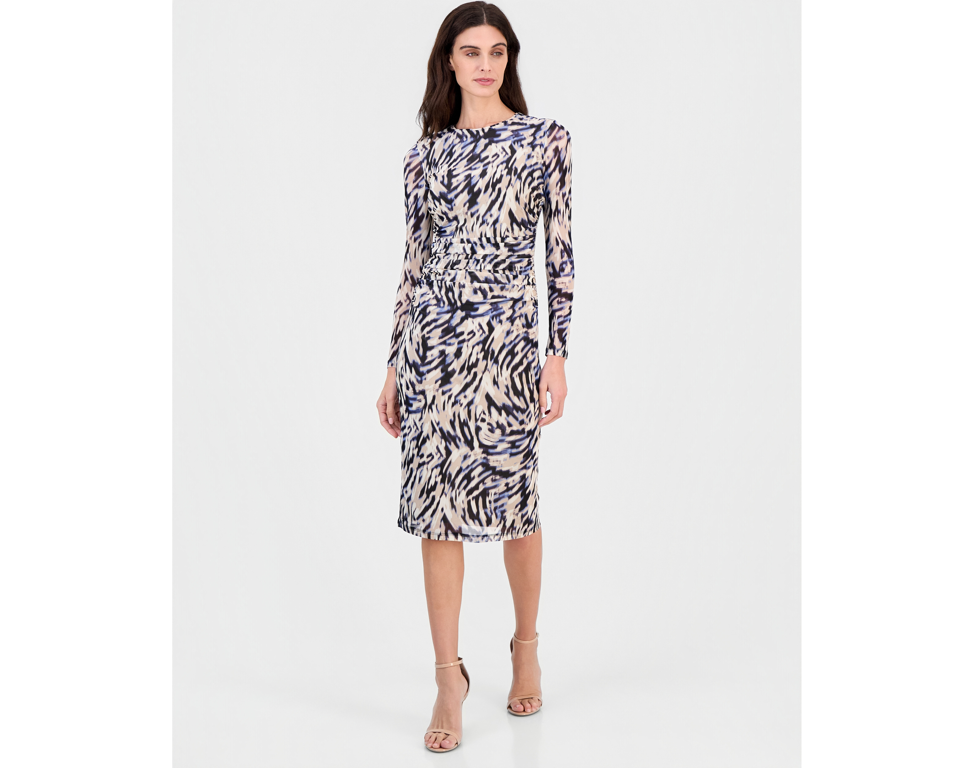 Anne Klein Women's Printed Shirred-Waist Long-Sleeve Midi Dress