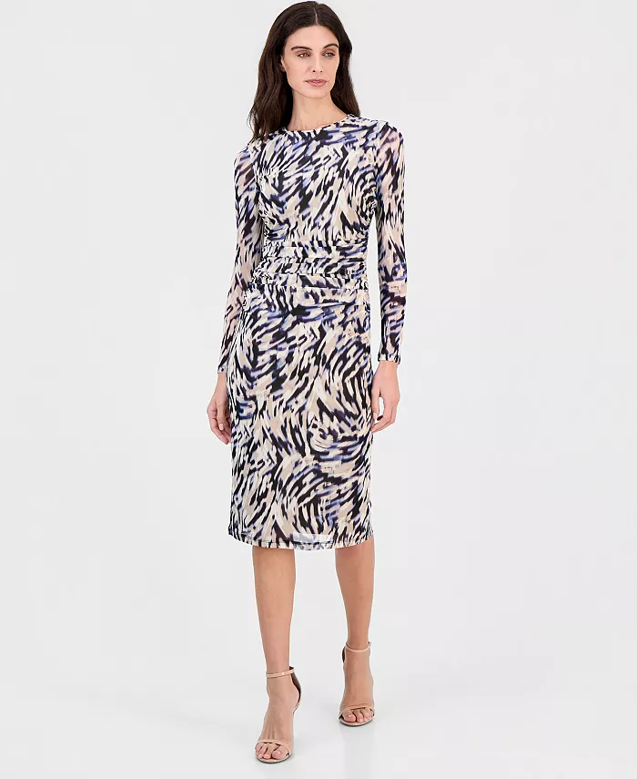 Women's Printed Shirred-Waist Long-Sleeve Midi Dress