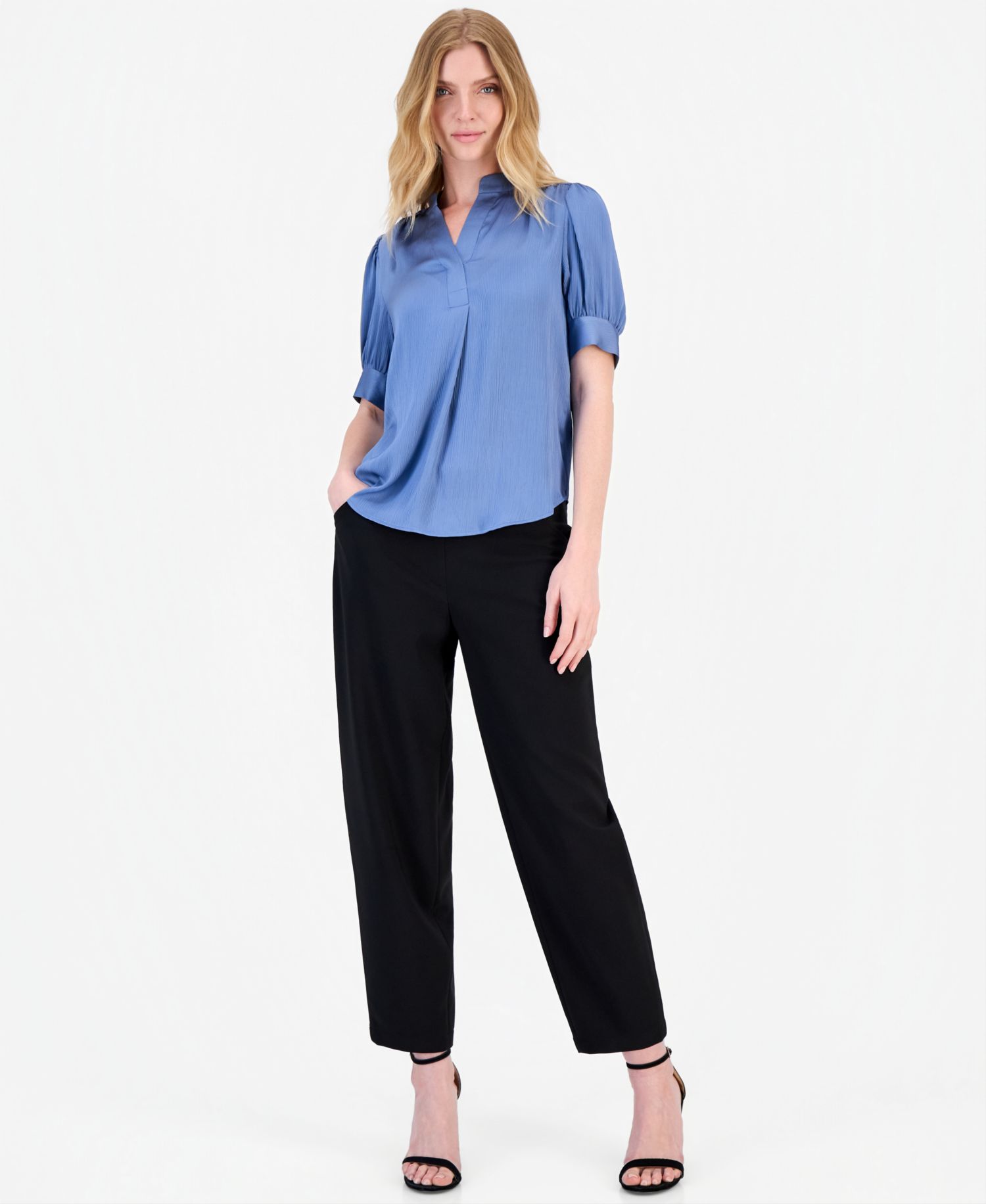 Petite Short Puff-Sleeve Y-Neck Blouse