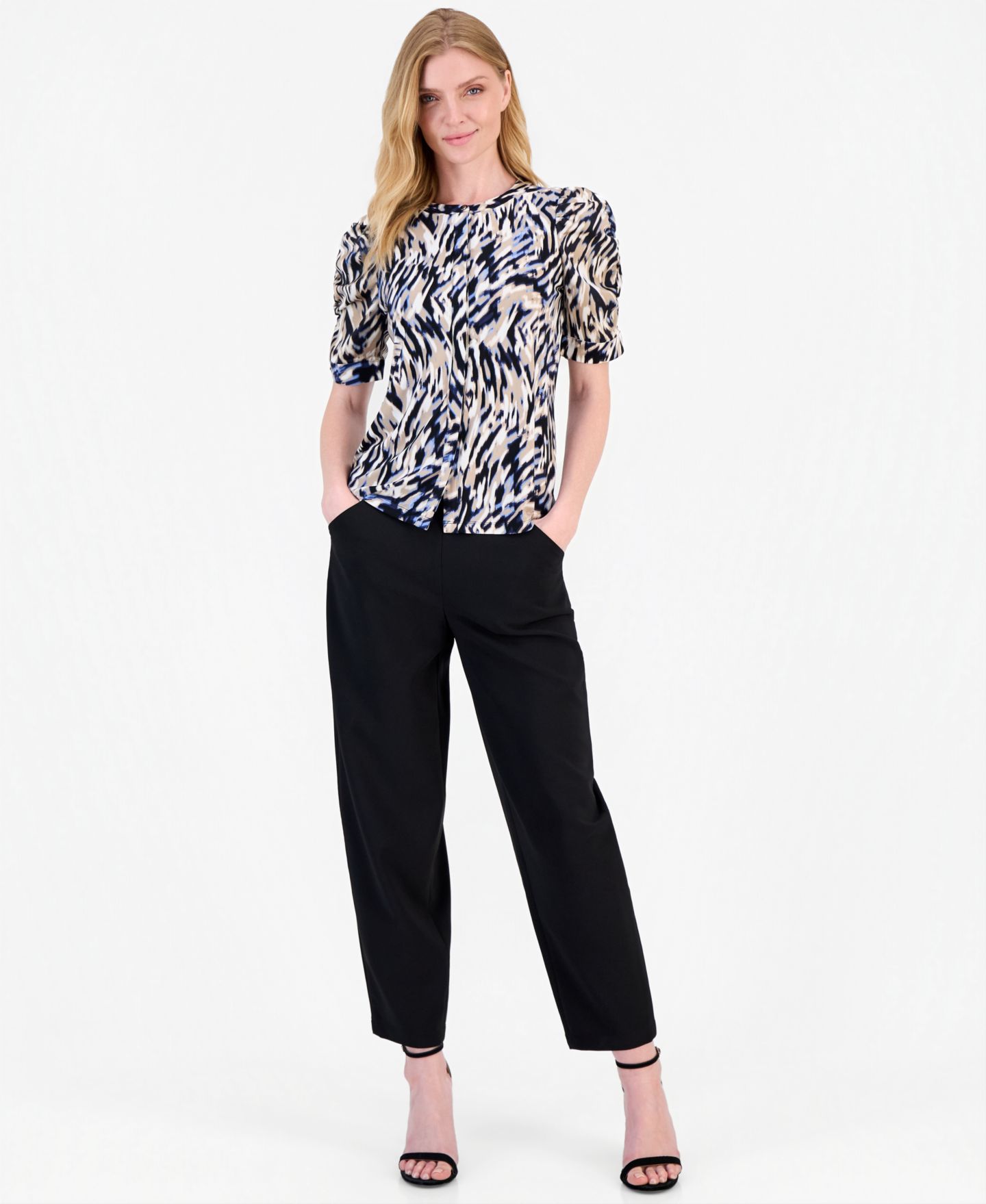 Женская блузка Anne Klein Puff-Sleeve Blouse, цвет: Синий разноцветный — фото 4