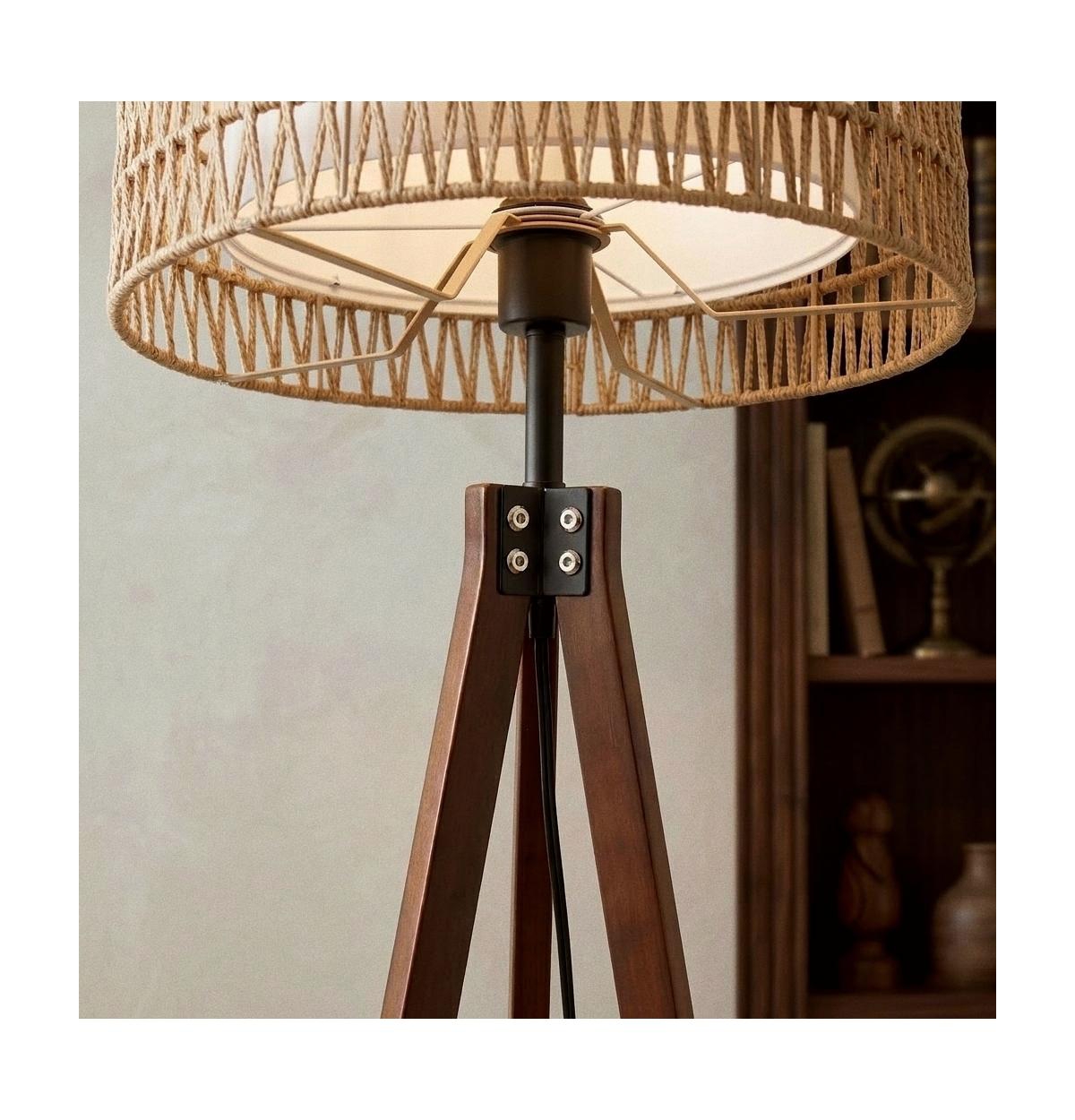Modern Tripod Floor Lamp with Natural Rattan Shade and Built-in Shelf
