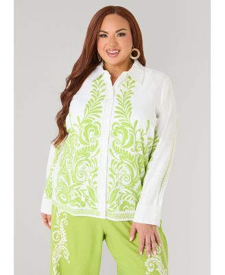 Women's Plus Size Leaf Print Linen Blend Shirt