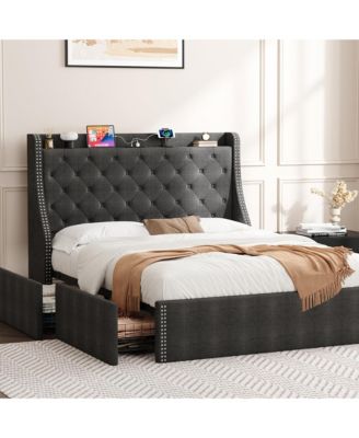 Bed Frame with 4 Storage Drawers, Wingback Headboard, Charging Station, Wood Slat Support, No Box Spring Needed