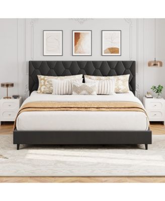 Modern Upholstered Platform Bed Frame, Adjustable Padded Fabric Headboard, Heavy Duty Wooden Slats, No Box Spring Needed, Noise-Free