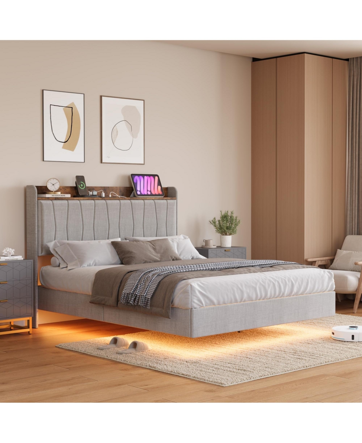 homfan Modern Floating Platform Bed with Led Lights and Charging Ports, Upholstered Storage Headboard, Sturdy Wood Slats