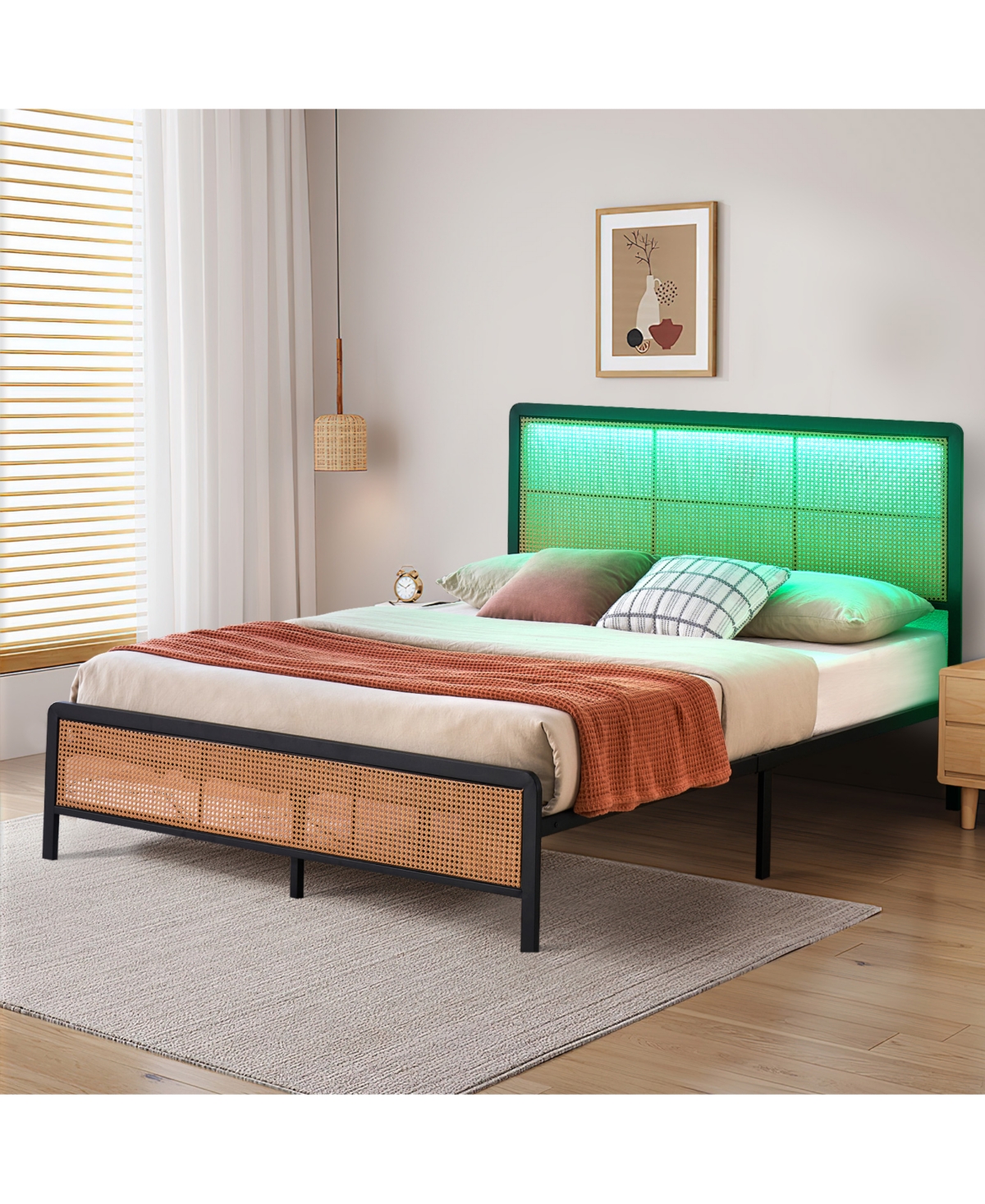 homfan Rattan Platform Bed Frame with Led Headboard, Modern Boho Cane Style, Heavy Duty Metal Frame, Steel Slats, No Box Spring Needed