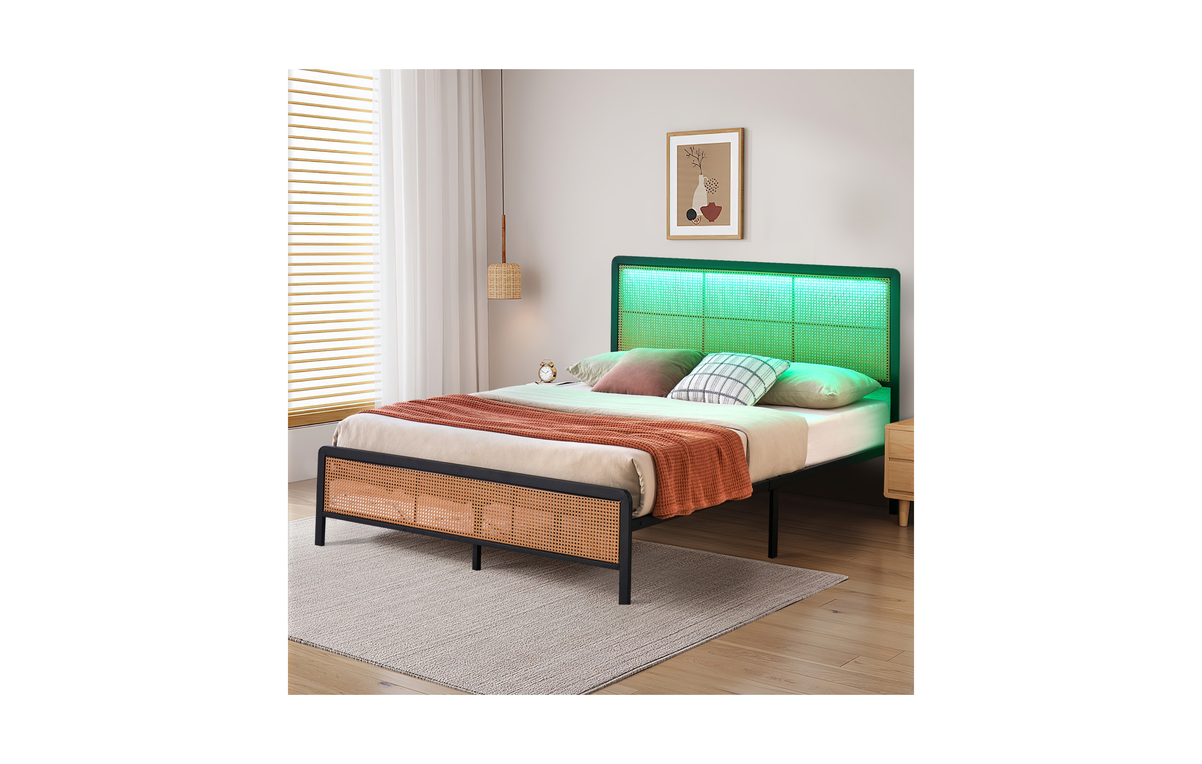 homfan Rattan Platform Bed Frame with Led Headboard, Modern Boho Cane Style, Heavy Duty Metal Frame, Steel Slats