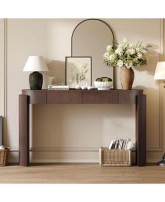 55" Farmhouse Entryway Table, with Natural Wood Grain Finish, with 2 Drawers, Fluted Design, for Entryway and Living Room
