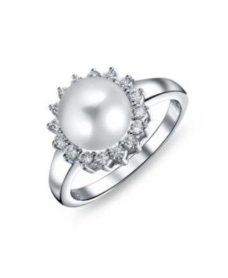 Classic Faux Pearl Cocktail Ring CZ Halo Solitaire .925 Sterling Silver