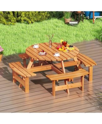 8-Person Round Picnic Table Set Circular Patio Dining Camping Table with Benches