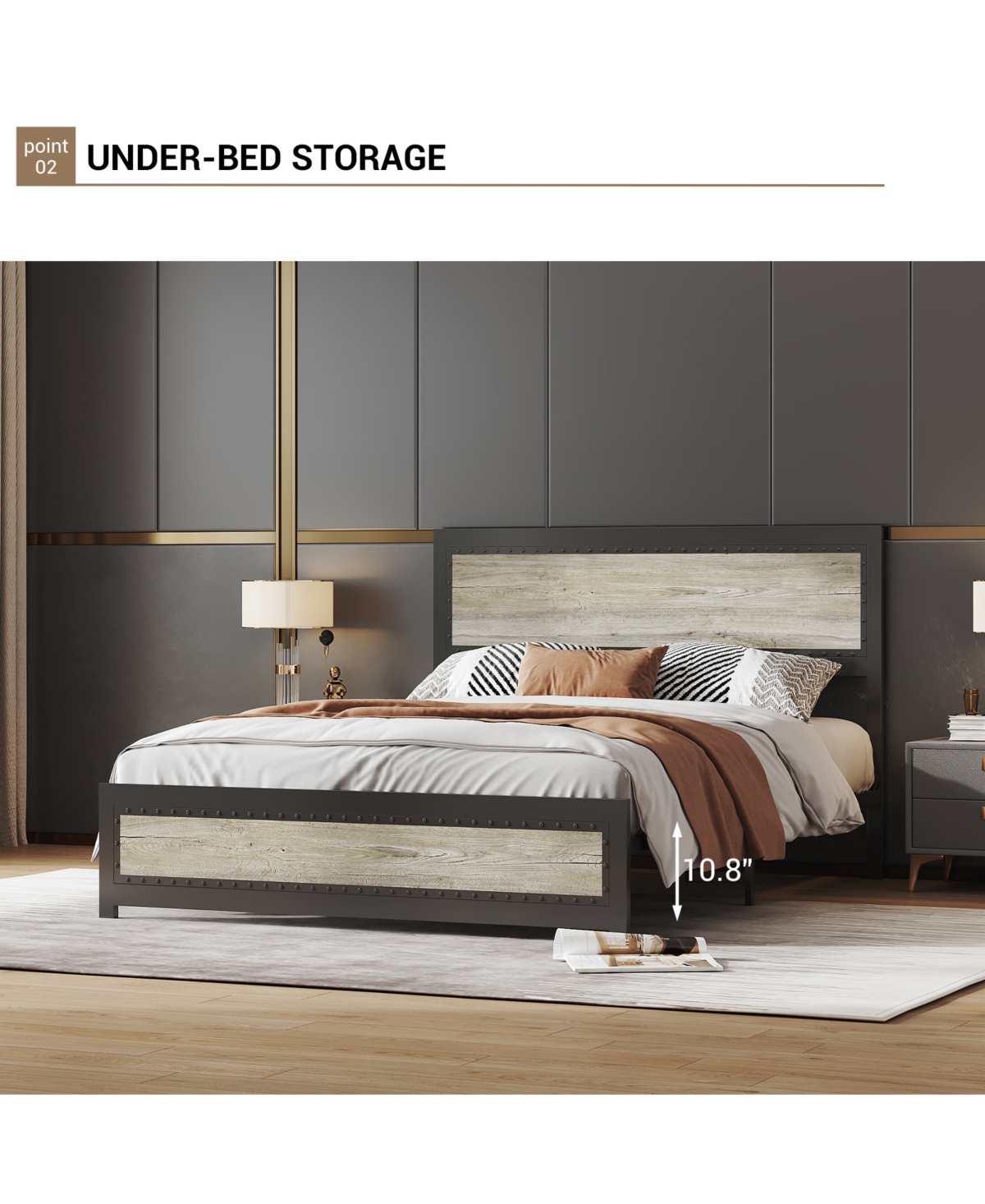 homfan Platform Bed Frame with Charging Station, Industrial Headboard and Footboard, Metal Slat Support, Box Spring Not Required