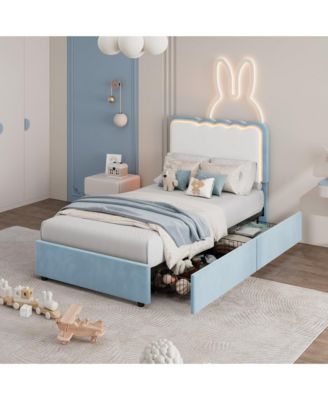 LED Bed Frame with Storage Drawer and Adjustable Headboard, Velvet Princess Platform Bed for Kids, Heavy Duty Metal Support