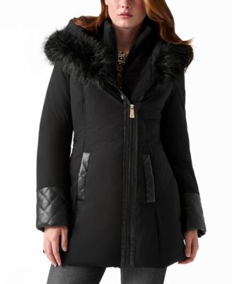 Women's Pleather-Sleeve Detailed Faux-Fur Hooded Puffer Coat
