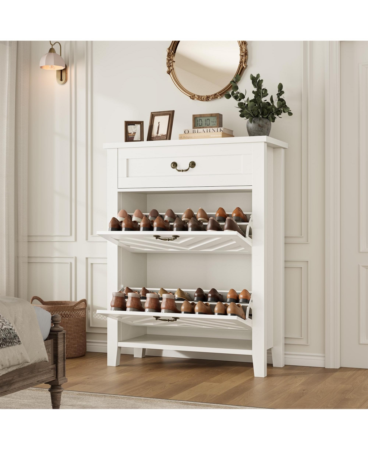 homfan Freestanding Shoe Cabinet with 2 Flip Drawers and Adjustable Shelves, Storage Organizer for Entryway Closet Hallway