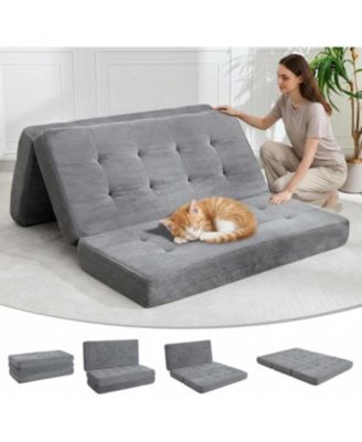 Corduroy Queen Size Tri-Folding Sofa Bed and Compressed Mattress - Multifunctional Floor Folding Couch for Small Apartment, Home Office