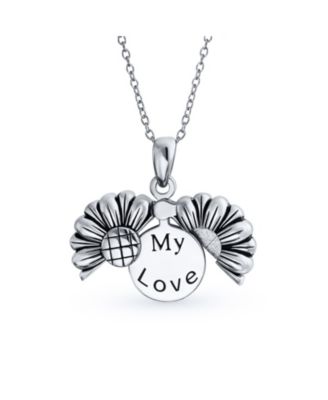 Sterling Silver Sunflower Open Locket Pendant Necklace Floral Design "My Love" Inspirational Message