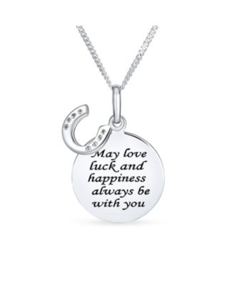 Inspirational Love and Luck Quote Round Disc Equestrian Horseshoe Pendant Necklace .925 Sterling Silver