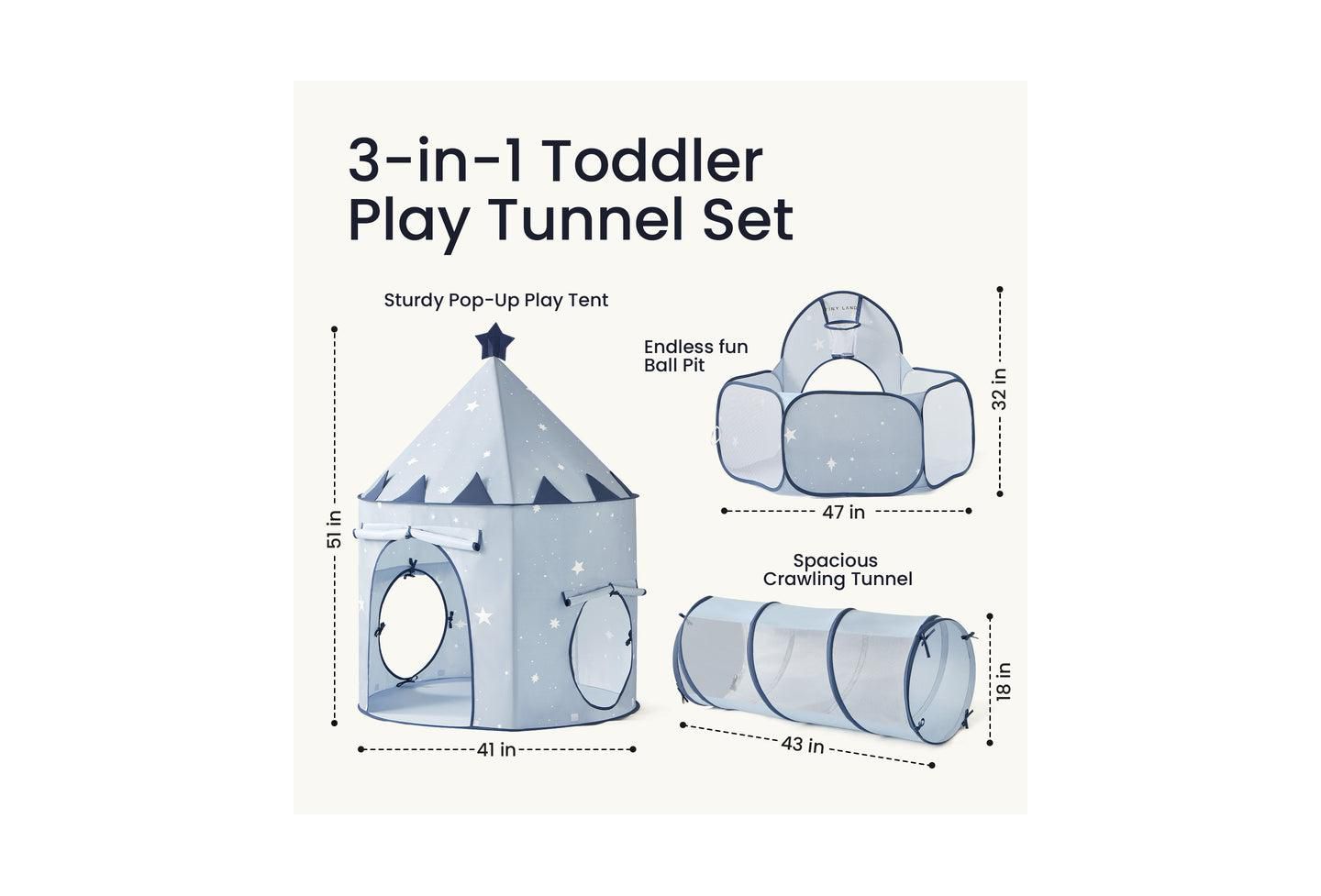 Детские игрушки Tiny Land 3-in-1 Pop-Up Play Tent, Crawl Tunnel and Ball Pit, 3-Piece Set, Ages 2+, цвет: Синий — фото 8