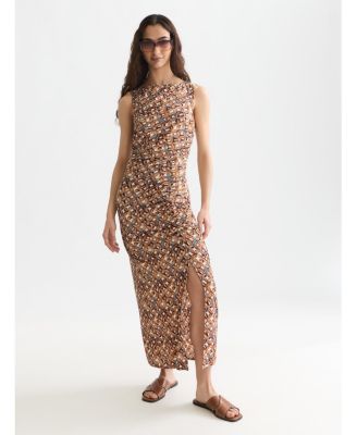 Women's Dresses Printed Textured Midi Dress, Tiles Flower Doeskin, Medium