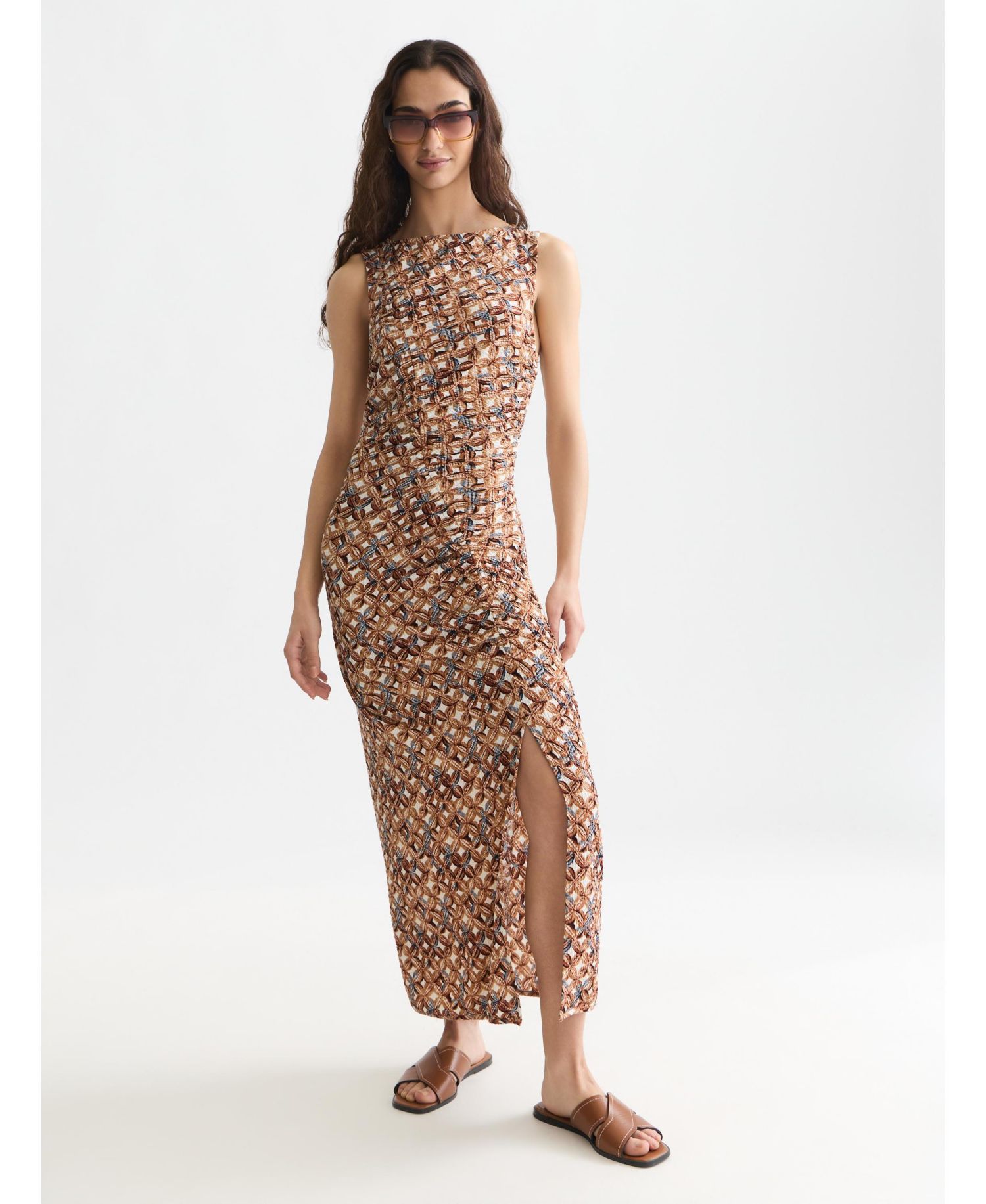 Women's Dresses Printed Textured Midi Dress, Tiles Flower Doeskin, Medium