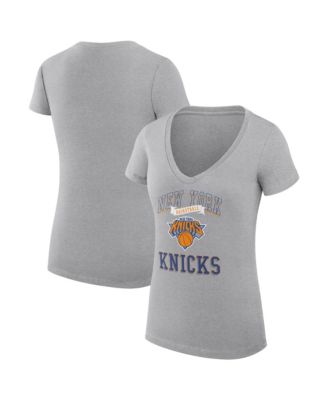 Women's Heather Gray New York Knicks Super-Slim Fit Lightweight Team Logo V-Neck T-Shirt