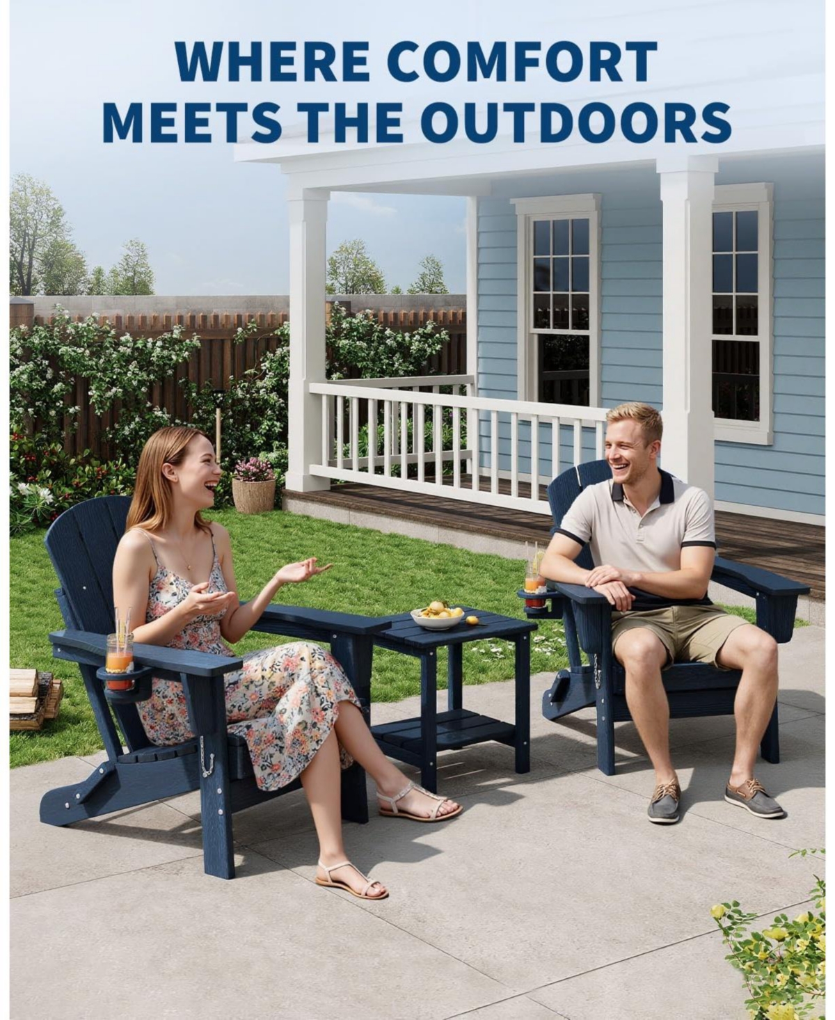 Xo Folding Adirondack Chair Set of 2, Hdpe Outdoor Chairs with Wood Grain Texture and Cup Holder, All Weather Patio Chairs 380Lbs Capacity