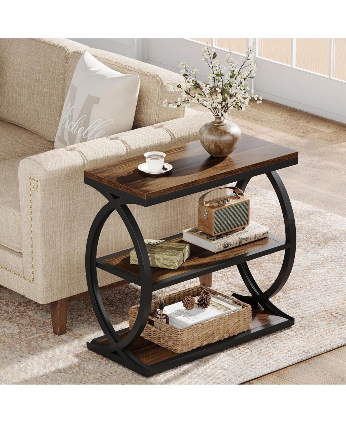 Slickblue Narrow Side Table with 3 Storage Shelves and Metal Frame