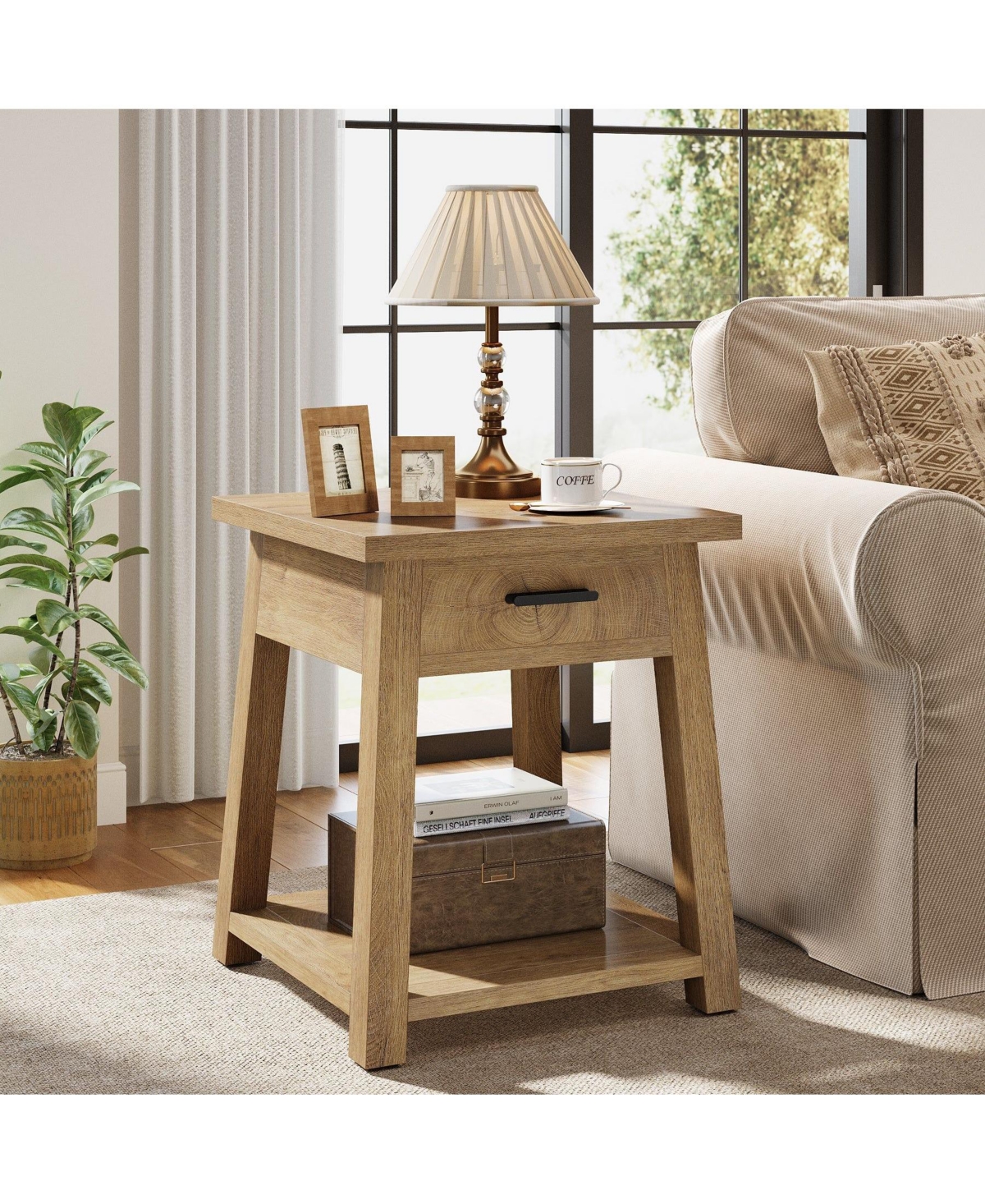 Slickblue 2 Tier Wood End Table with Drawer and Open Storage Shelf
