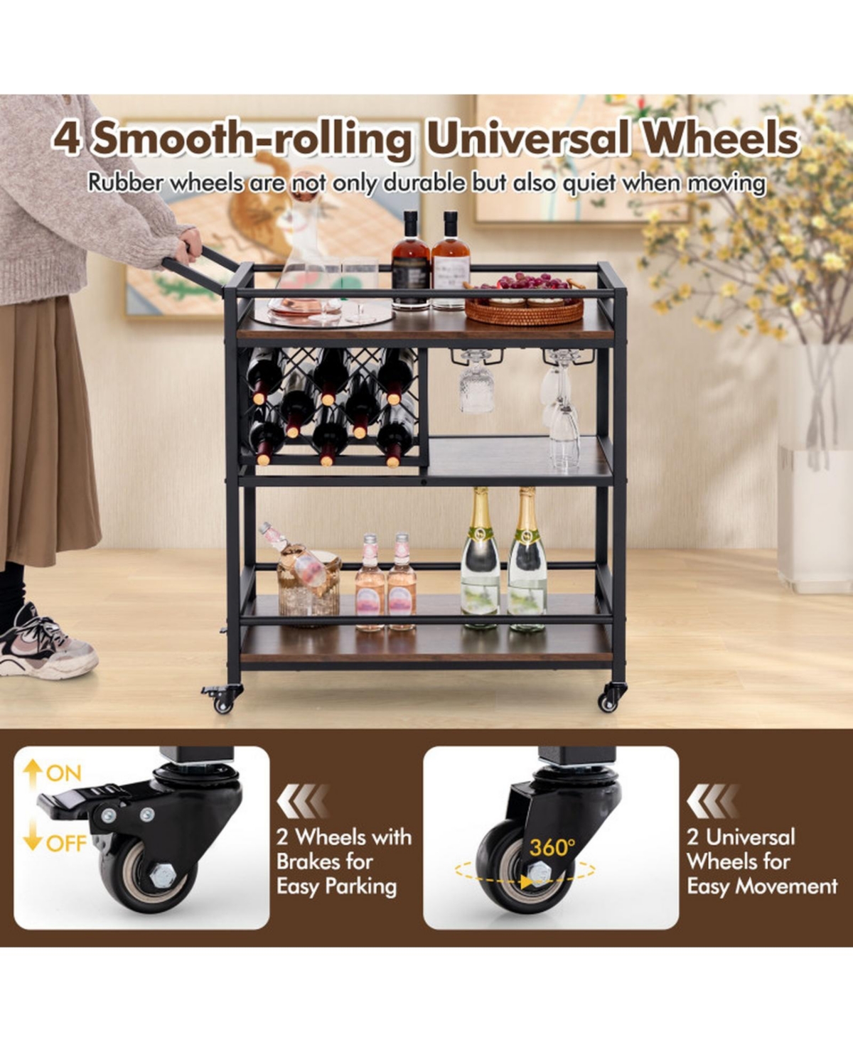 Gouun 3-Tier Bar Cart on Wheels with Wine Rack and Stemware Holder