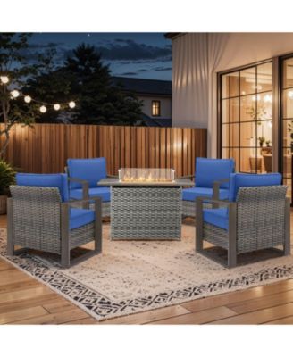 Patio Resin Wicker Furniture Set with Fire Pit Table, PE Rattan Swivel Patio Chairs with Propane Fire Pit Table,5PCS Patio Conversation Set