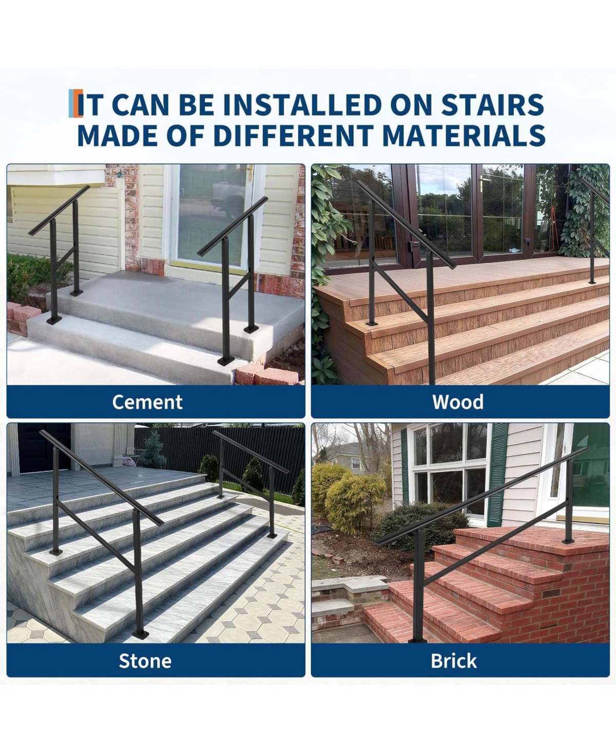 gaomon 4-Step Adjustable Outdoor Stair Handrail Kit Metal Stair Railing for Porch Deck and Garden Adjustable Complete Installation