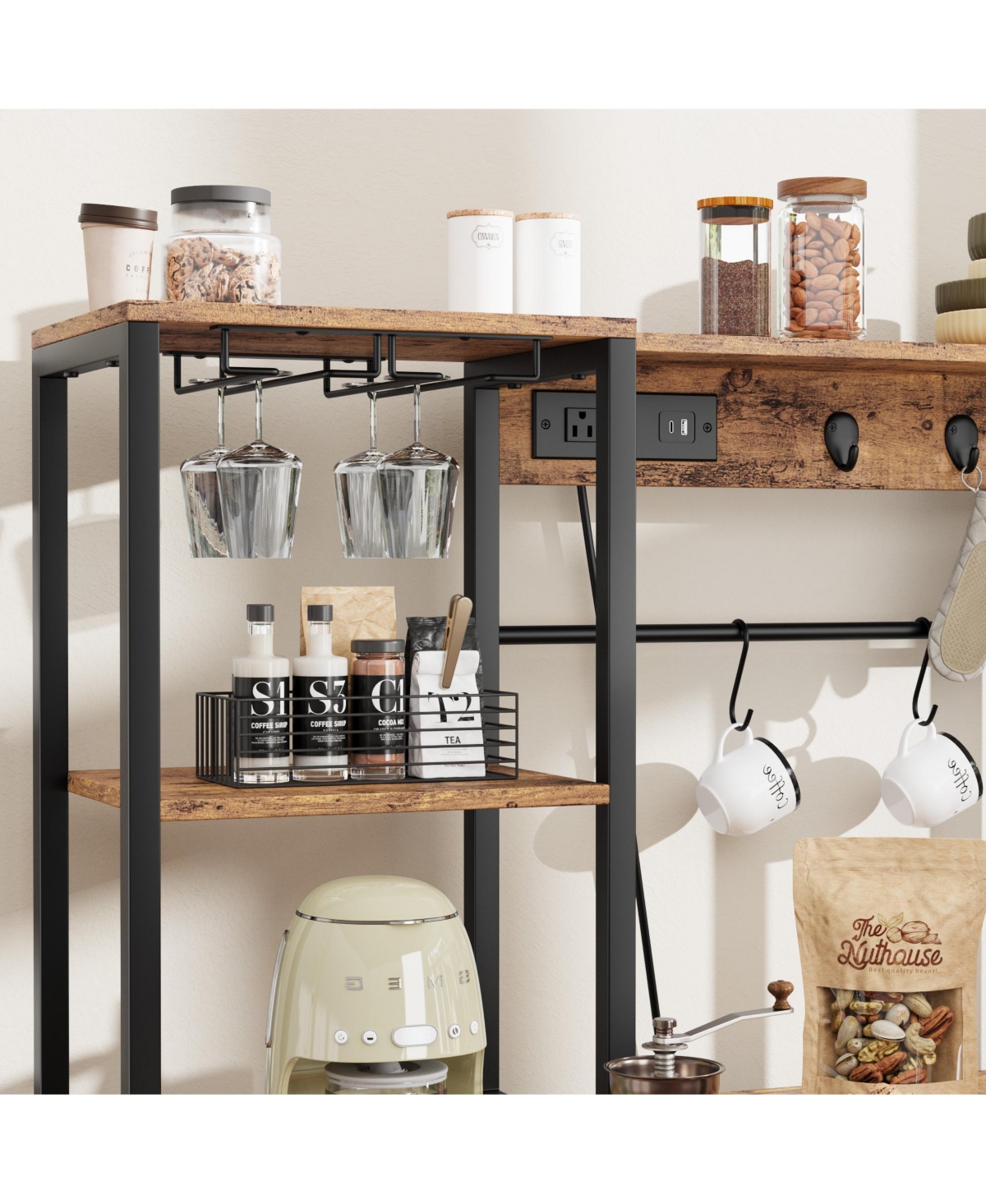 homfan Industrial Freestanding Kitchen Shelf, Bakers Rack with Refrigerator Compartment and Power Outlet, Microwave Station for Pantry and Living Room
