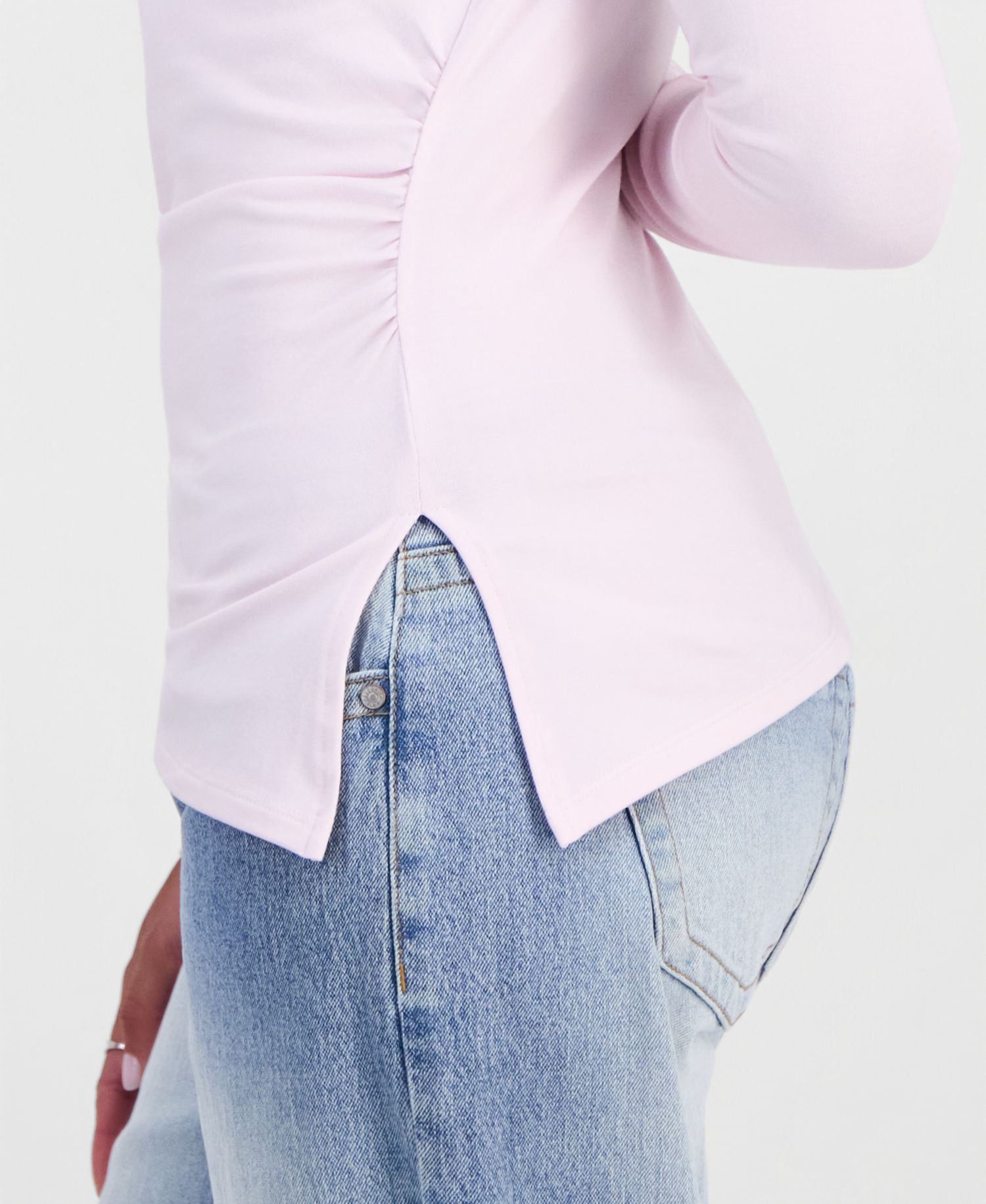 Juniors' Ruched Boat Neck Long Sleeve Top
