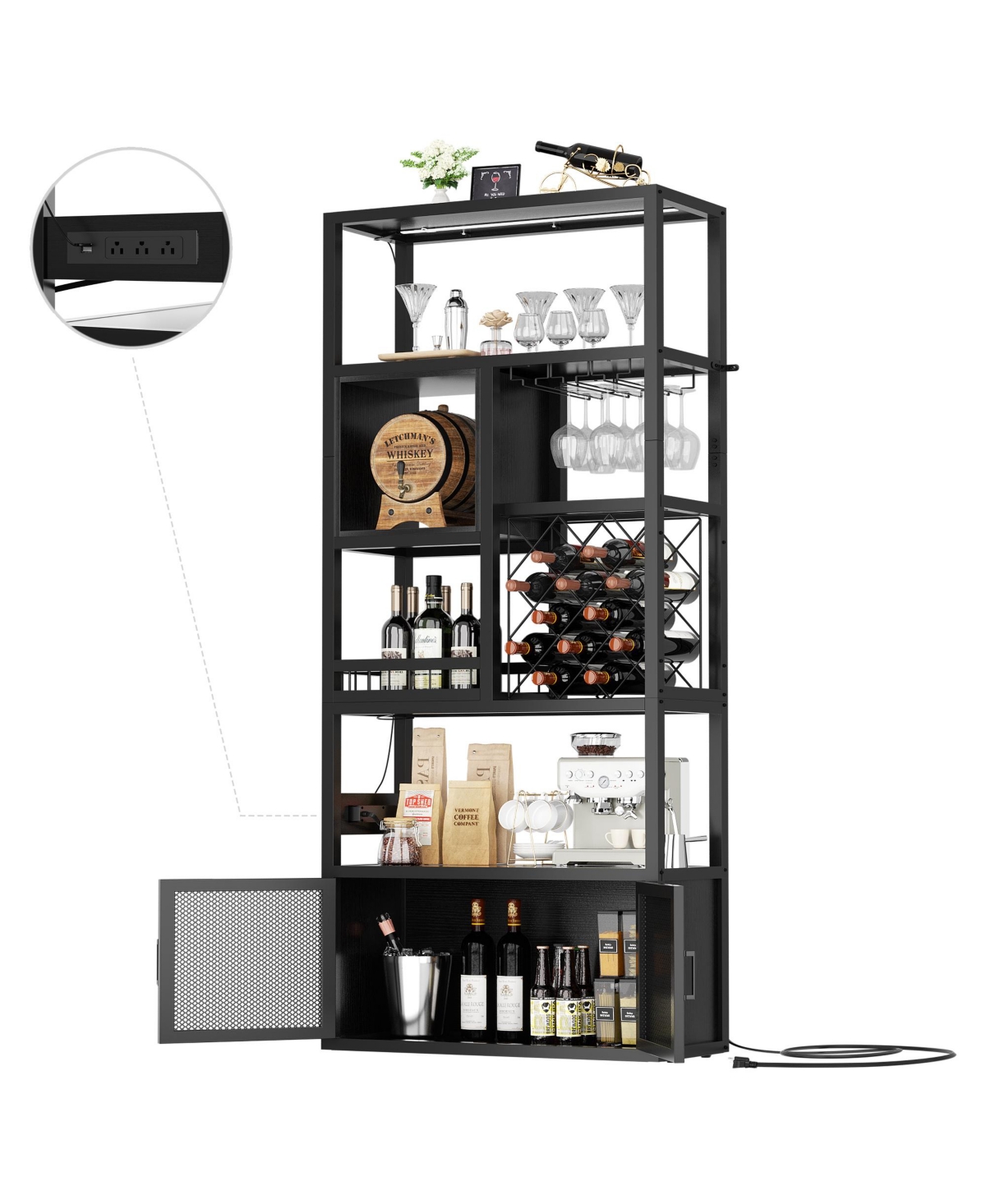 Aheaplus Tall Wine Bar Cabinet with Led Light and Charging Station, 7-Tier