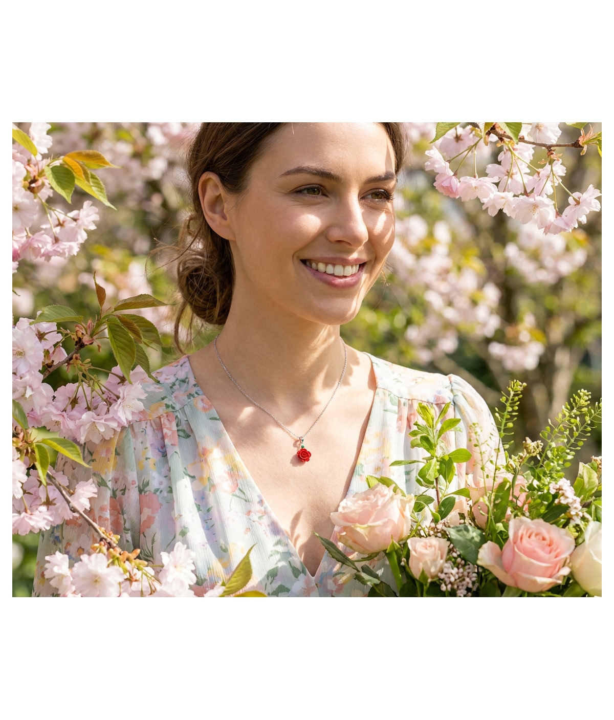 Bling Jewelry Delicate Floral Blooming 3D Pink Rose Flower Green Cz Accent Pendant Necklace For Women For Sterling Silver