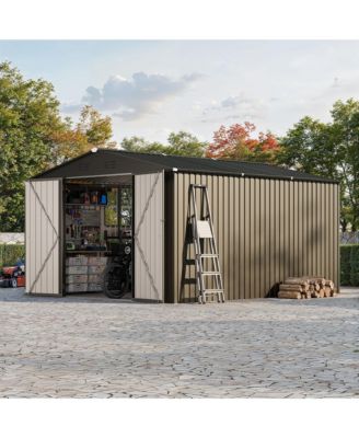 Outdoor Metal Storage Shed with Floor Frame Clear Window and Lockable Doors for Garden Backyard and Patio Use