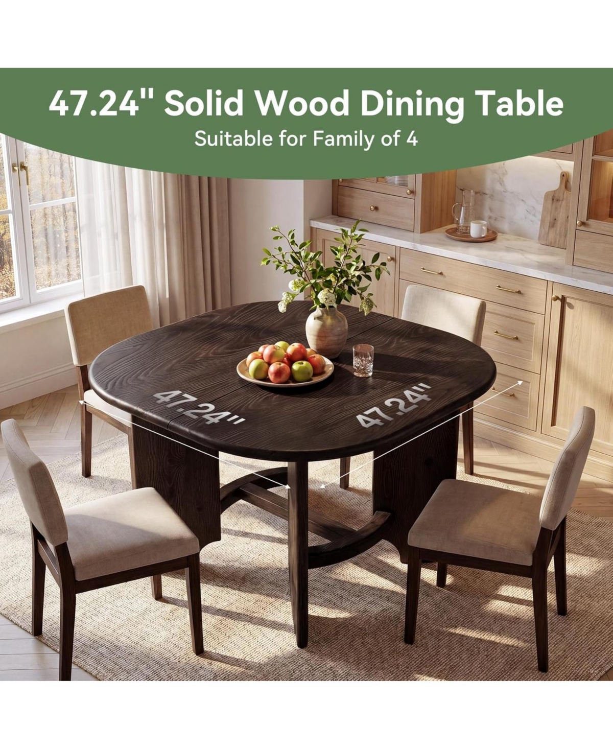 Tribesigns Solid Wood Square Dining Table for 4, 47.24-Inch Farmhouse Kitchen Dinner Table, Sturdy Rustic Dining Room Furniture