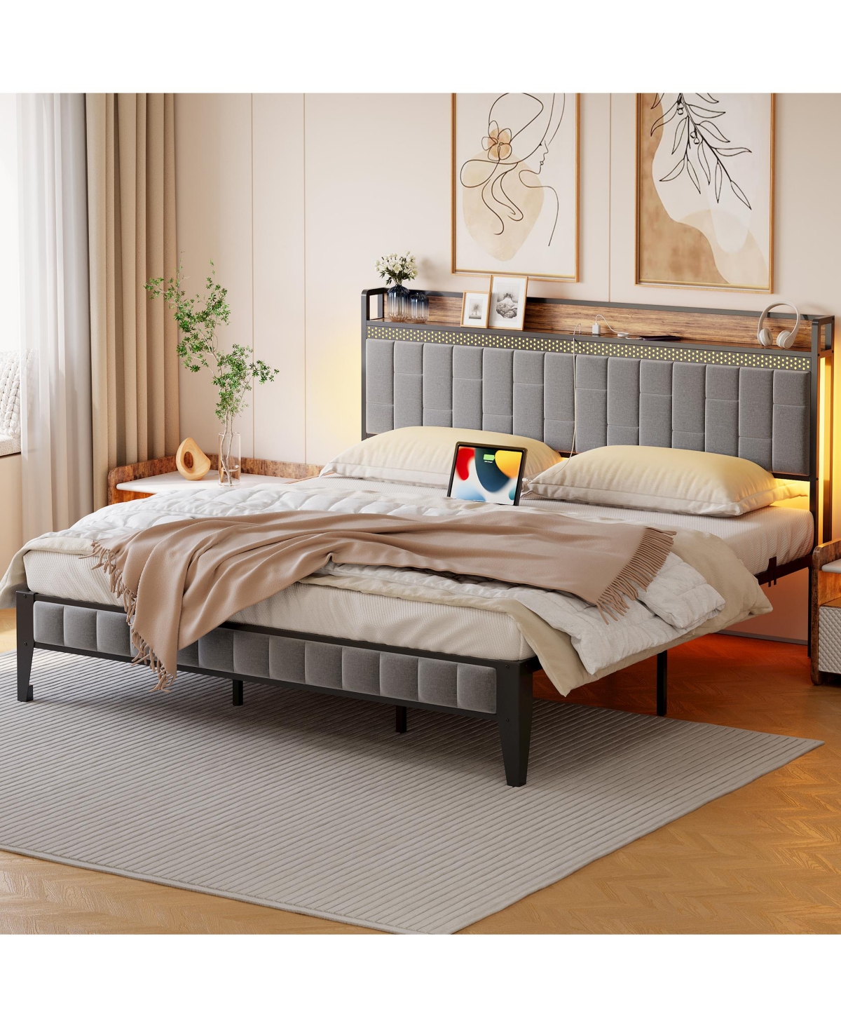 homfan Modern Upholstered Platform Bed Frame with Led Headboard – Storage, Charging Station (Usb and Type-c), Sturdy Metal