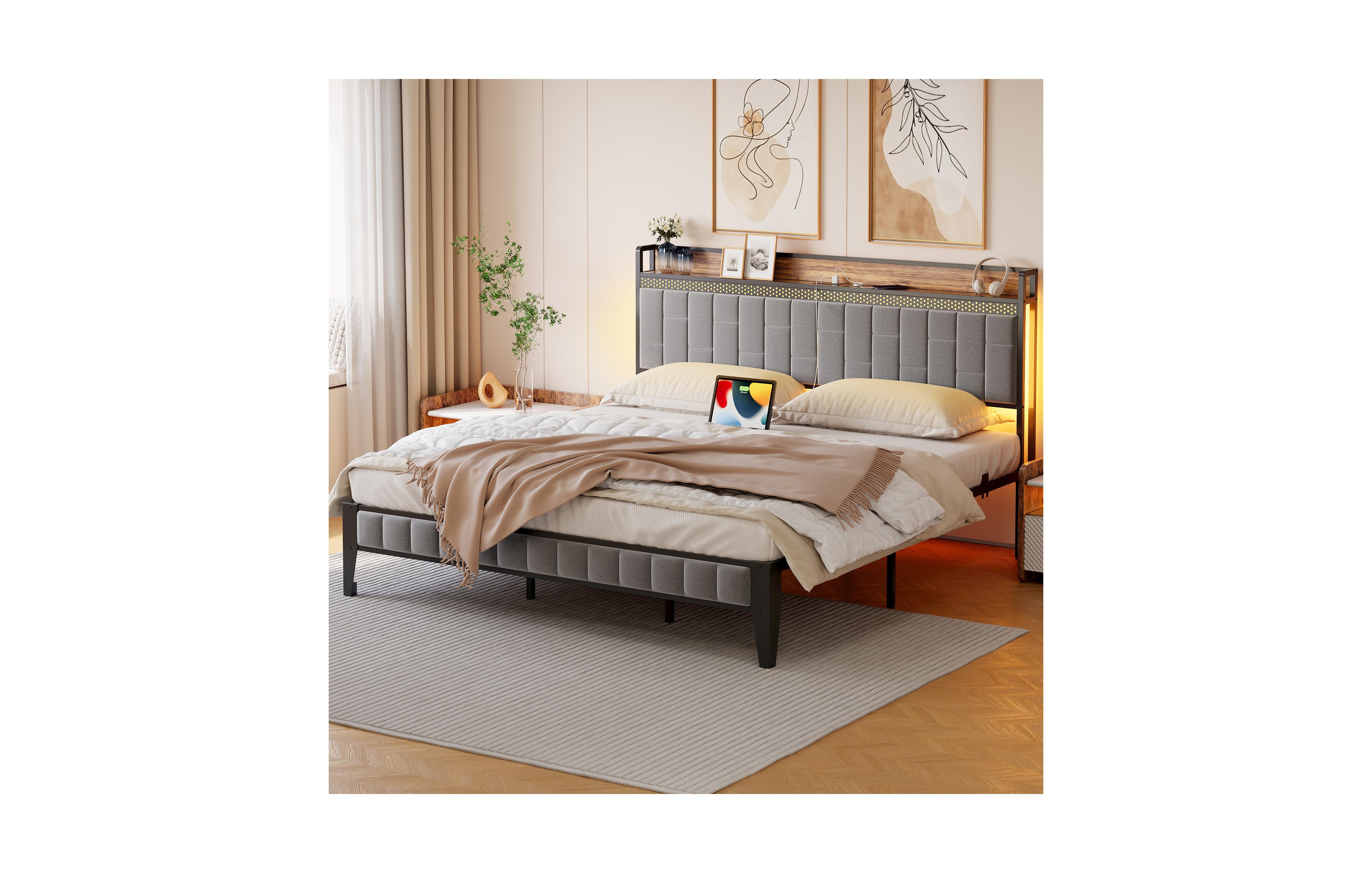 homfan Modern Upholstered Platform Bed Frame with Led Headboard – Storage, Charging Station (Usb and Type-c), Sturdy Metal