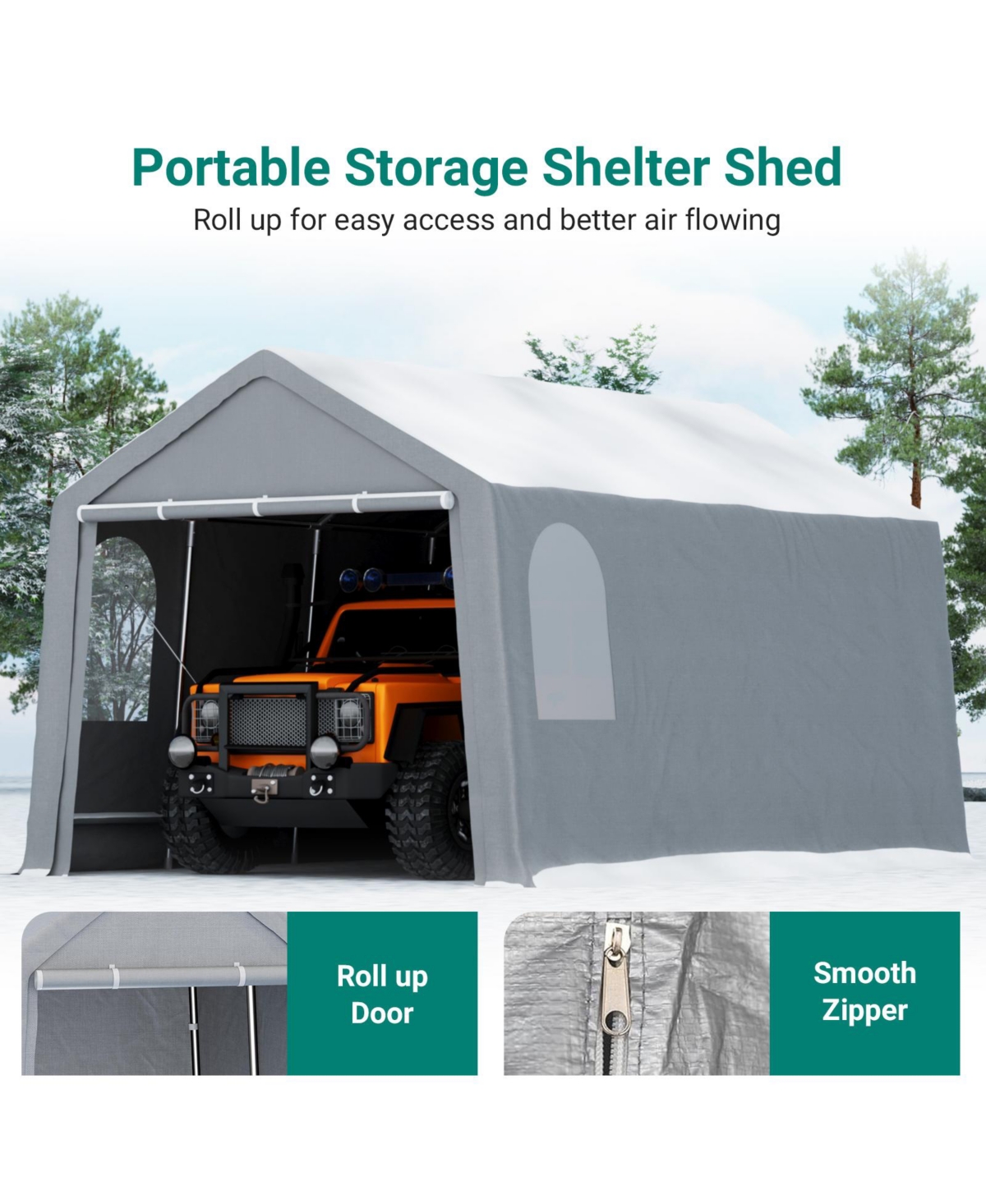 Carport Outdoor Car Canopy with Roll-Up Zipper Door - Portable Garage Kit Waterproof, Uv-Resistant for Cars, Bikes, Tools