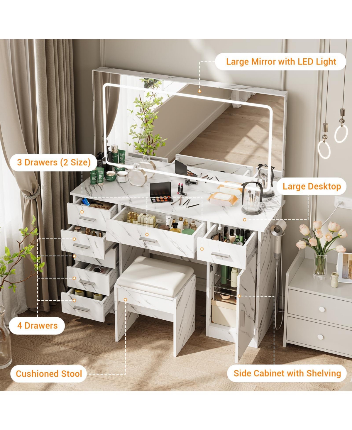 gaomon Vanity Desk with Large Led Mirror, 7 Drawers, Power Outlets, Usb Ports, Hair Dryer Holder, 3-Mode Lighting, Stool, Cabinet