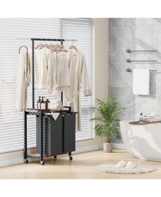 Rolling Bathroom Storage Cabinet, 30 Inch Metal Laundry Organizer with Hanging Rod and Lockable Wheels for Bathroom