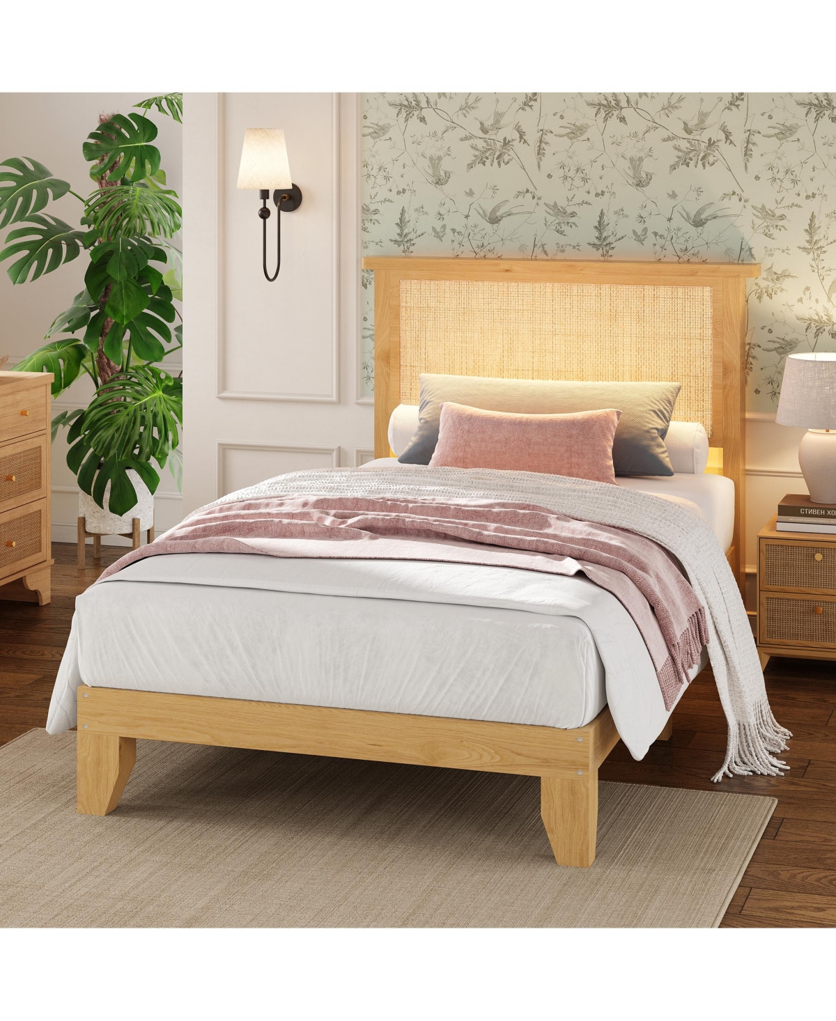 Homfan Bed Frame with Rattan Headboard, Platform Bed Frame with Led Lights