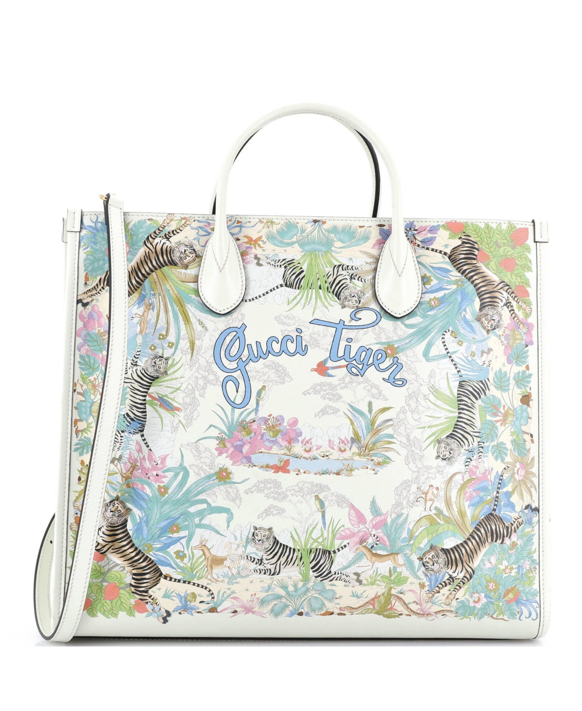 Pre-Owned Gucci Medium Gucci Tiger Convertible Open Tote Printed Leather - White