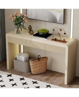 55" Curved Rustic Entryway Table, with 3 Fluted Drawers, Featuring Natural Wood Grain, for Living Room, Hallway, Entryway
